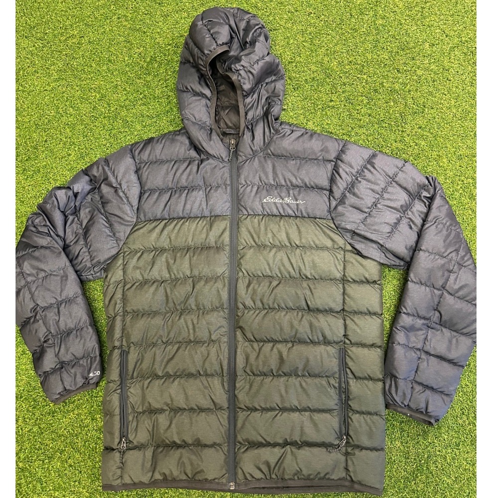 Eddie Bauer Mens 650 Down Hooded Puffer Jacket Black Olive Green Size M